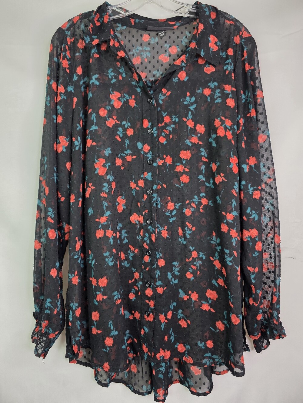 Lane Bryant Black Sheer Button-Down Blouse with Red Floral Print
